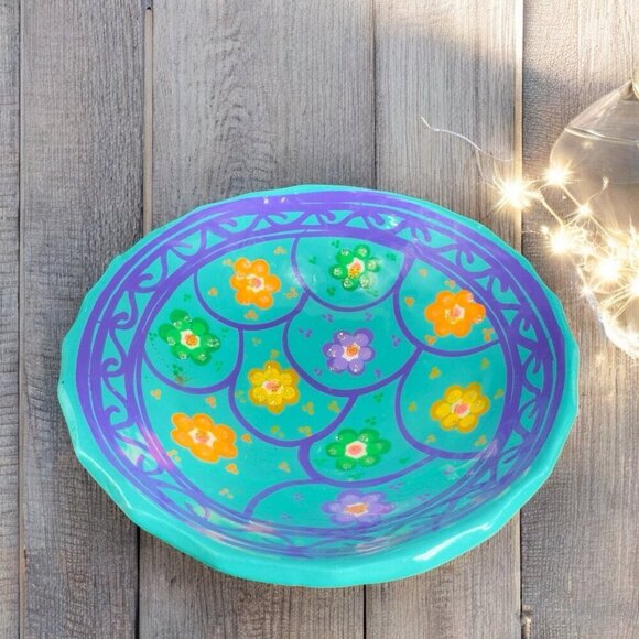 Hand Painted Mexican Pottery Footed Salsa Dish Trinket Dish Holder Vintage Decor - Picture 2 of 10